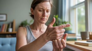 Personne examinant doucement son pouce droit près d’une fenêtre ensoleillée, dans un intérieur réaliste et chaleureux, exprimant un moment d’introspection.