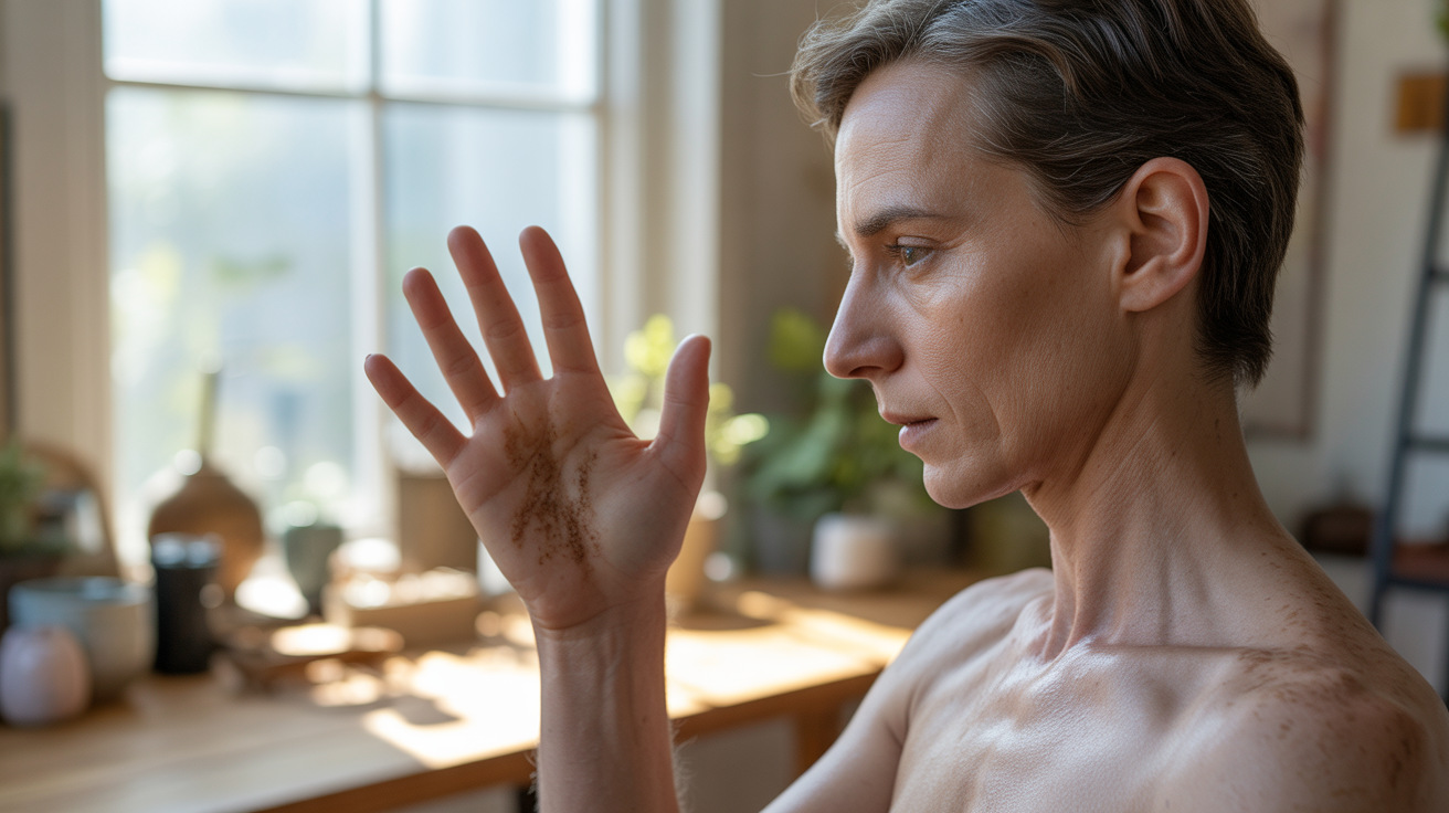 Personne observant sa main gauche près d’une fenêtre en pleine lumière naturelle, exprimant une sensation de réception et d’introspection dans un cadre réaliste.