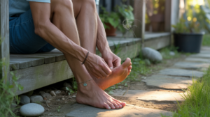 Personne assise à l’extérieur, se grattant naturellement le pied gauche dans une scène réaliste et lumineuse, avec des détails authentiques et une ambiance subtilement spirituelle.