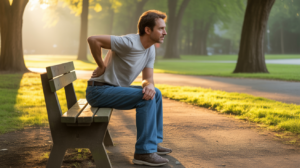 Personne assise sur un banc au lever du soleil, dans un parc réaliste, semblant réfléchir à une gêne au fessier tout en contemplant sa vie.