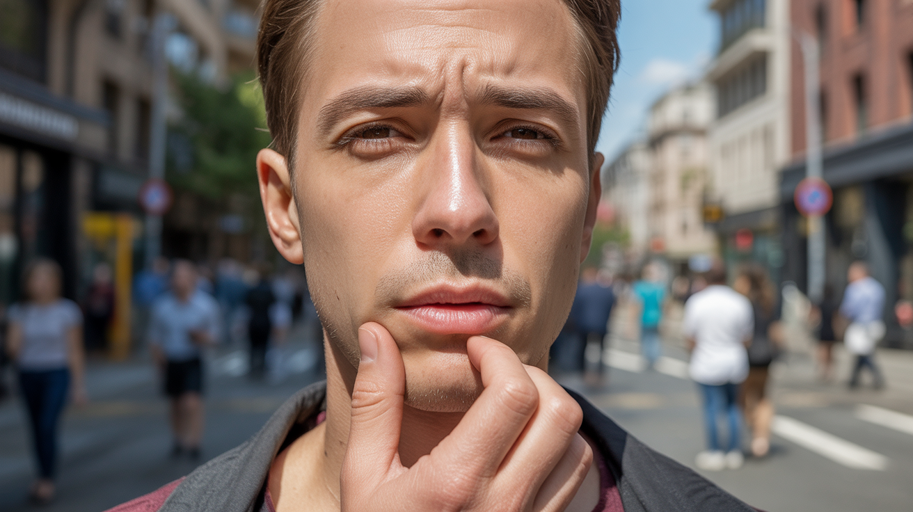 Personne en extérieur touchant sa lèvre avec une expression pensive, scène réaliste et urbaine.